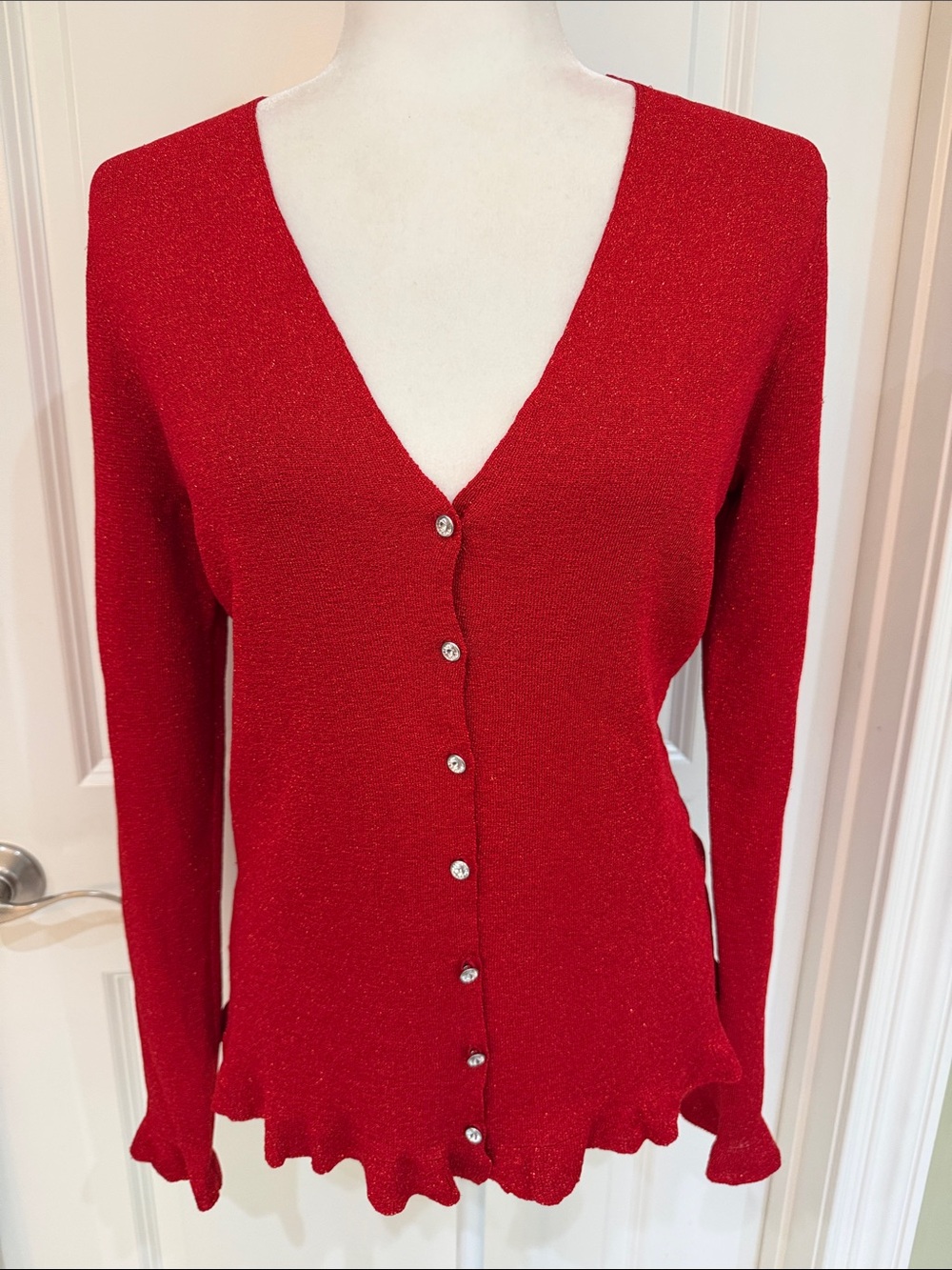 Christmas Party Red Cardigan V-Neck Button Front Sparkly Sweater